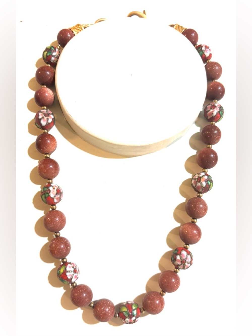 Brown Goldstone and Floral Cloisonné Bead Necklace